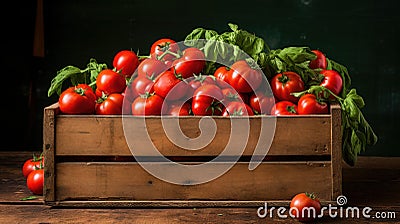 Harvest tomatoes in wooden box with green leaves and flowers. Vegetable still-life Isolated on black background Stock Photo