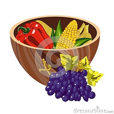 harvest in a wooden bowl pepper banana grapes corn cob on kwanzaa illustration on a white background hand drawn Cartoon Illustration