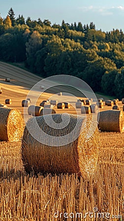 Harvested gold Hay bales punctuate the picturesque agricultural scenery Stock Photo