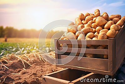 Harvested potatoes in a crate with field in the background Stock Photo