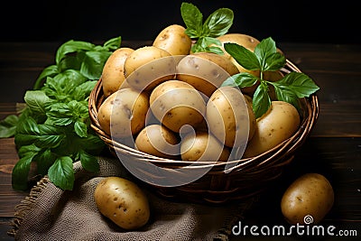 Harvested potatoes in wooden basket Stock Photo