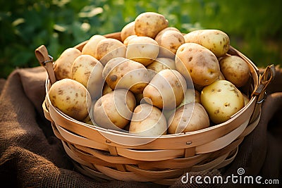 Harvested potatoes in wooden basket Stock Photo