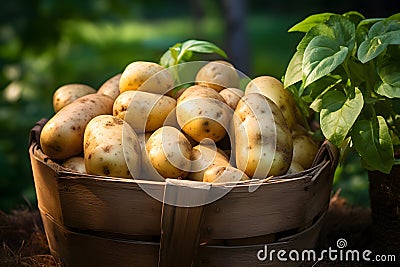 Harvested potatoes in wooden basket Stock Photo