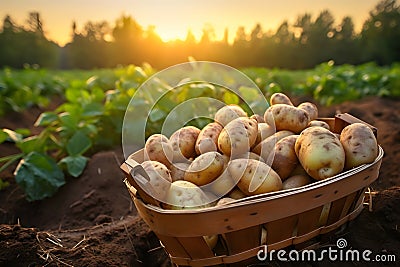 Harvested potatoes in wooden basket Stock Photo