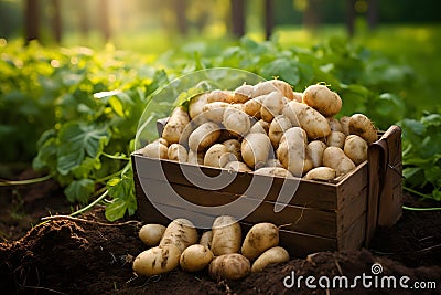 Harvested potatoes in wooden basket Stock Photo