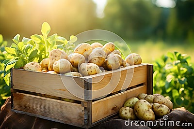 Harvested potatoes in wooden basket Stock Photo