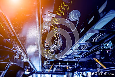 Harvester engine. Gear chains and new modern mechanisms. Stock Photo