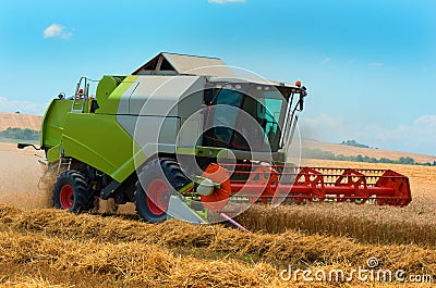 Harvester machine to harvest wheat field working. Agriculture Stock Photo