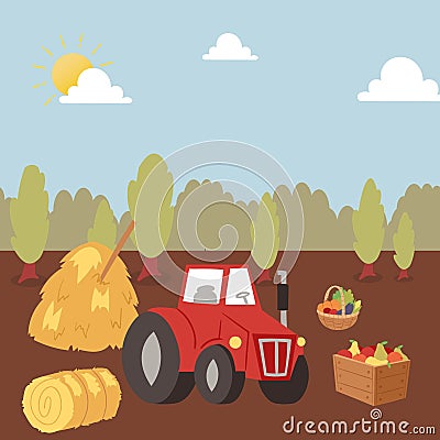 Harvesting autumn farm crops with tractor vector cartoon illustration. Agriculture and Farming. Farmers agribusiness Vector Illustration