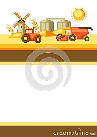 Harvesting background. Combine harvester, tractor and granary on wheat field. Vector Illustration