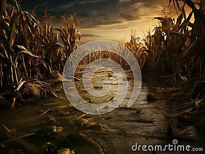 Harvesting corn into the flood water Cartoon Illustration