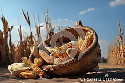 Harvesting corns. Basket with fresh corn cobs on table outdoors and corn field on the background. Generative AI Cartoon Illustration
