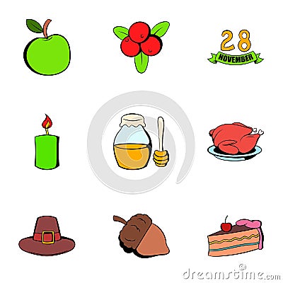 Harvesting day icons set, cartoon style Vector Illustration