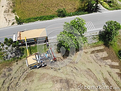 Harvesting farm, Harvester machinery in field. Stock Photo