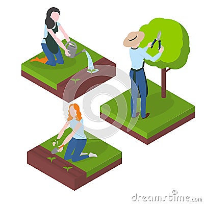 Harvesting and Farming. Gardening and agriculture. Flat gardener character. Watering, seeding and cutting trees Vector Illustration