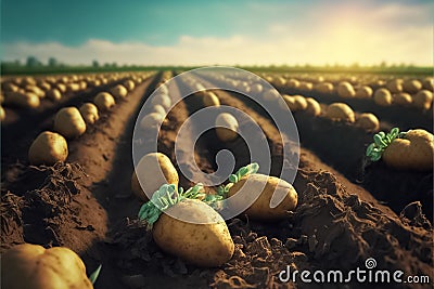 Harvesting fresh potatoes from soil Harvesting. Growing food on the farm. Agroindustry and agribusiness. Generative AI Stock Photo