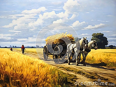 Harvesting Grains with Horse-Pulled Wagon Stock Photo