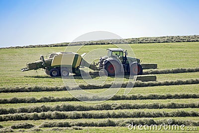 Harvesting hay traktor work on field Stock Photo