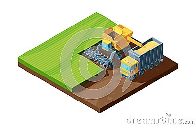 Harvesting isometric illustration. Combine vibrant harvester and agricultural machine collect wheat in field, concept Vector Illustration