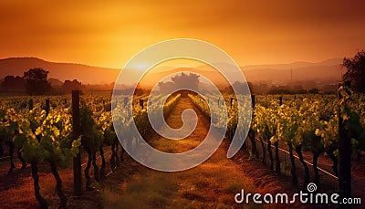 Harvesting ripe grapes in a tranquil Italian vineyard at dawn generated by AI Stock Photo