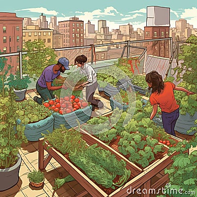 Harvesting a Rooftop Garden in the Heart of the City Stock Photo