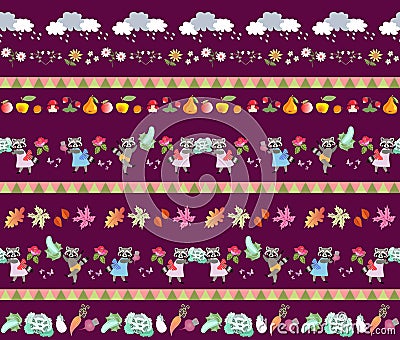 Harvesting. Seamless striped pattern with cute cartoon characters. Little raccoons, clouds, autumn leaves, fruits and vegetables. Vector Illustration