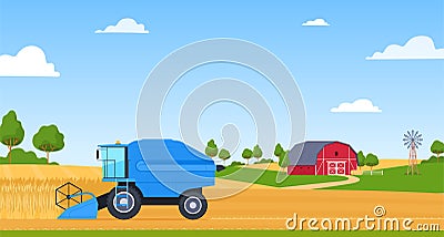 Harvesting wheat with a combine harvester on the background of a farmer hangar. Vector illustration Vector Illustration