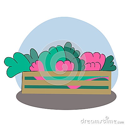 Harvesting, wooden box with vegetable grass. Flat isolated illustration Vector Illustration