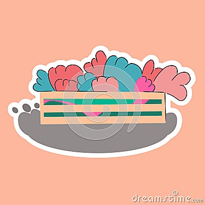 Harvesting. Wooden box with vegetable herbs. Sticker. Flat isolated illustration Vector Illustration