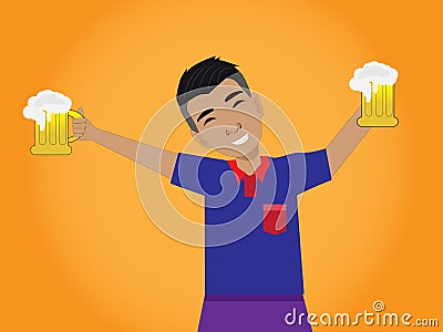 He is happy and holds two glasses of beer in both hands. Vector Illustration
