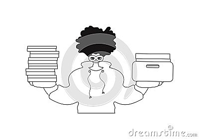 He has stacks of documents. Drawn in a straight line, vector art. Vector Illustration