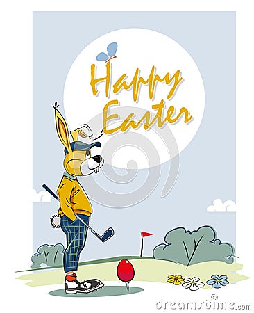 Easter bunny playing golf - Happy Easter card Vector Illustration