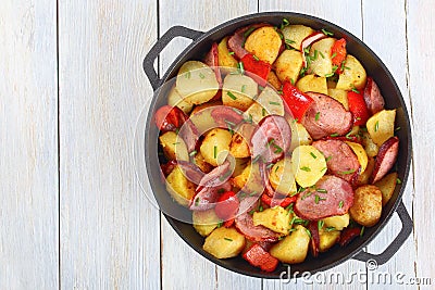 Hash Browns potatoes with ham, top view Stock Photo