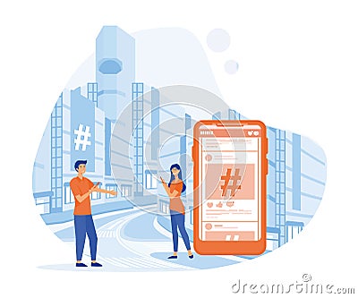 Hash sign big symbol. Hashtag and young people using social media, websites and smartphone applications. Vector Illustration