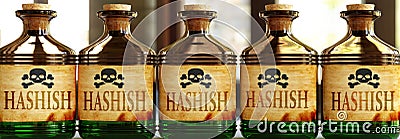 Hashish can be like a deadly poison - pictured as word Hashish on toxic bottles to symbolize that Hashish can be unhealthy for Cartoon Illustration