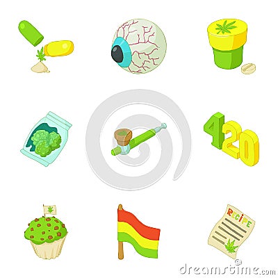 Hashish icons set, cartoon style Vector Illustration