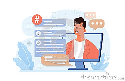 Hashtag. Character using digital device for sending posts and sharing Vector Illustration