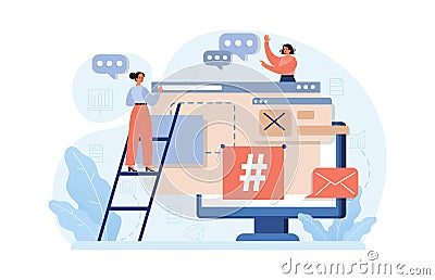 Hashtag. Character using digital device for sending posts and sharing Vector Illustration
