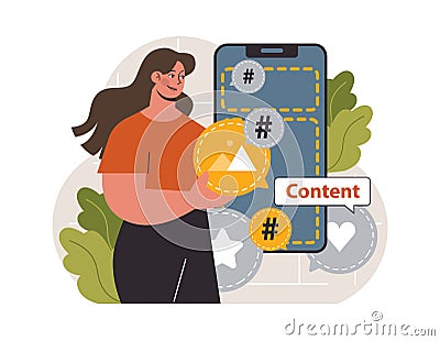 Hashtag. Character using digital device for sending posts and sharing Vector Illustration