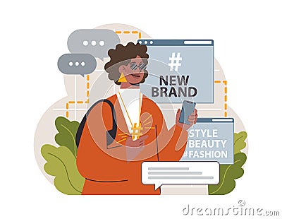 Hashtag. Character using digital device for sending posts and sharing Vector Illustration