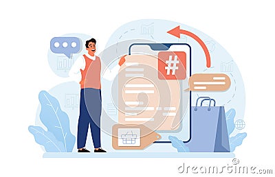 Hashtag. Character using digital device for sending posts and sharing Vector Illustration