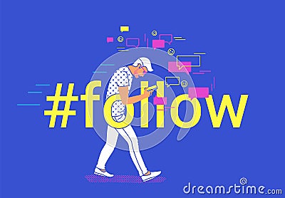 Hashtag follow concept flat vector illustration of young man going and texting messages in mobile messenger app Vector Illustration
