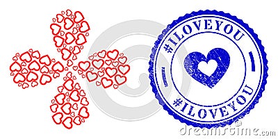 hashtag Iloveyou Distress Seal and Romantic Heart Swirl Flower Cluster Vector Illustration