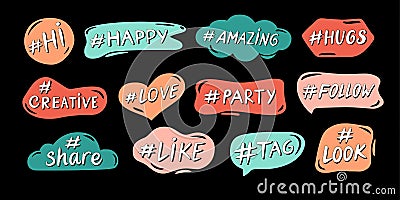 Hashtag lettering tags. Like sticker, share label and follow tag. Happy, love and party hashtags in color frames for Vector Illustration