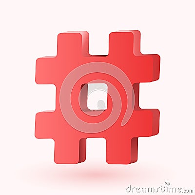 Hashtag, number mark 3d sign isolated on white background. Vector Illustration