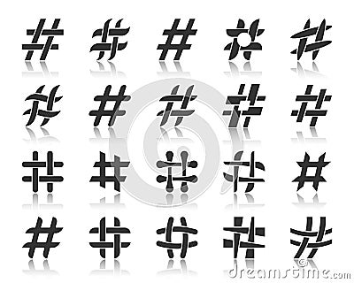 Hashtag black silhouette icons vector set Vector Illustration