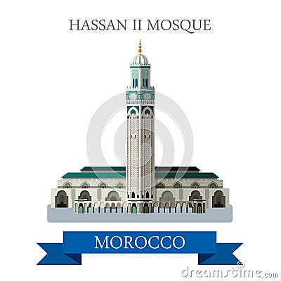 Hassan II Mosque in Morocco. Flat cartoon vector i Vector Illustration