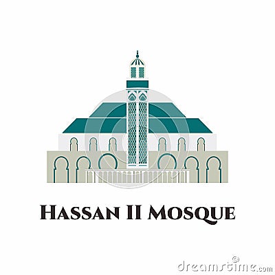 Hassan II Mosque in Morocco vector flat icon. It is the second largest functioning mosque in Africa and is the 7th largest in the Vector Illustration