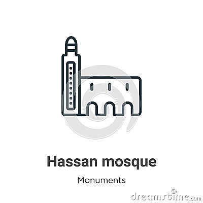 Hassan mosque outline vector icon. Thin line black hassan mosque icon, flat vector simple element illustration from editable Vector Illustration
