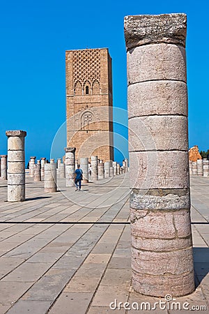 Hassan tower, 12th century minaret with ruins of the greatest mosque in the world, Rabat, Morocco Editorial Stock Photo